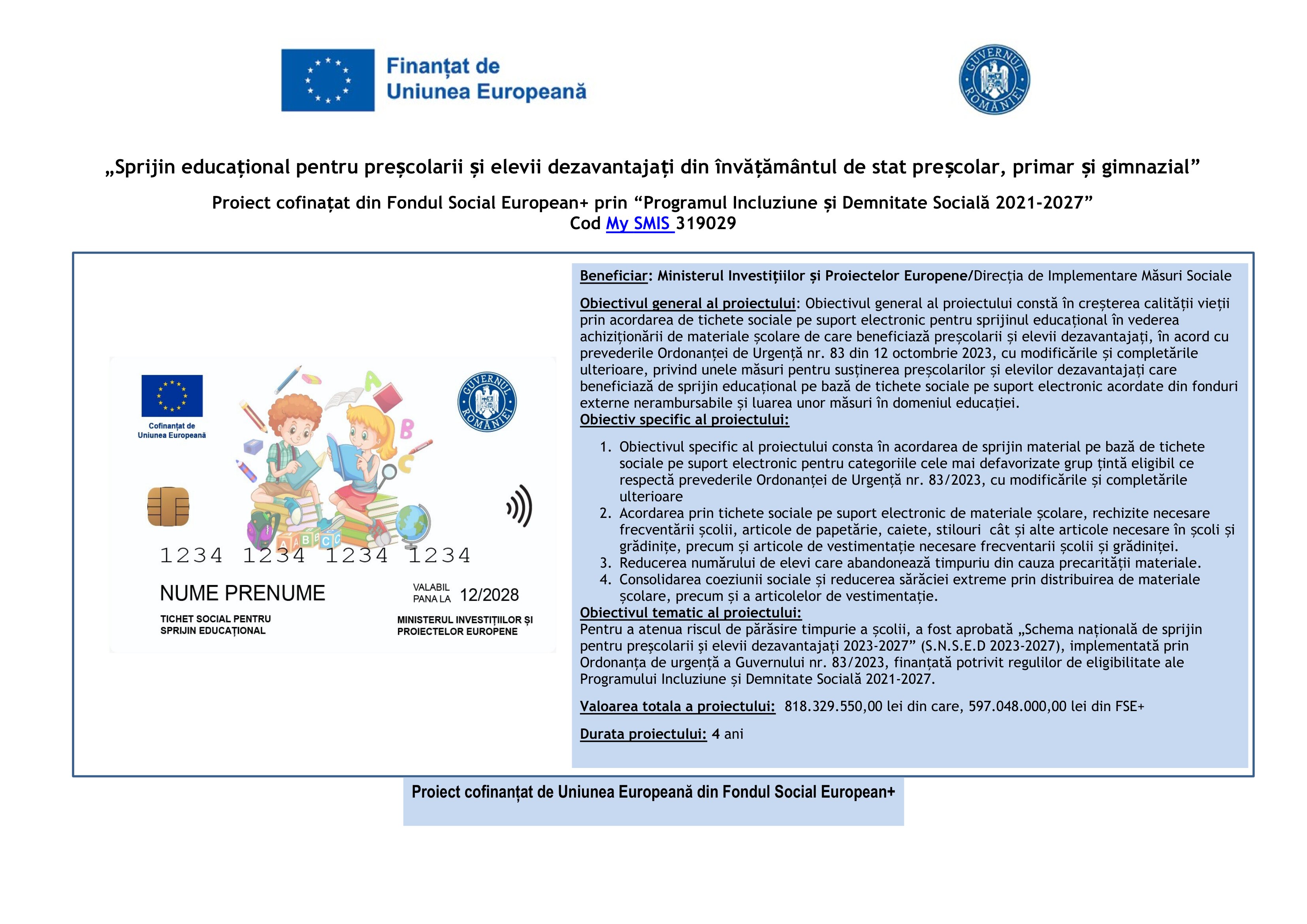 Afiș Proiect cofinanțat de Uniunea Europeană din Fondul Social European+